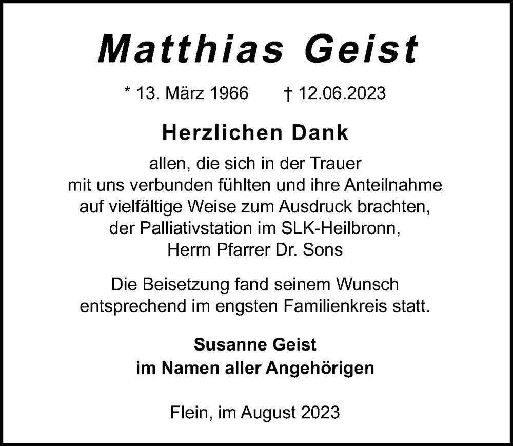  Traueranzeige für Matthias Geist vom 05.08.2023 aus GESAMT