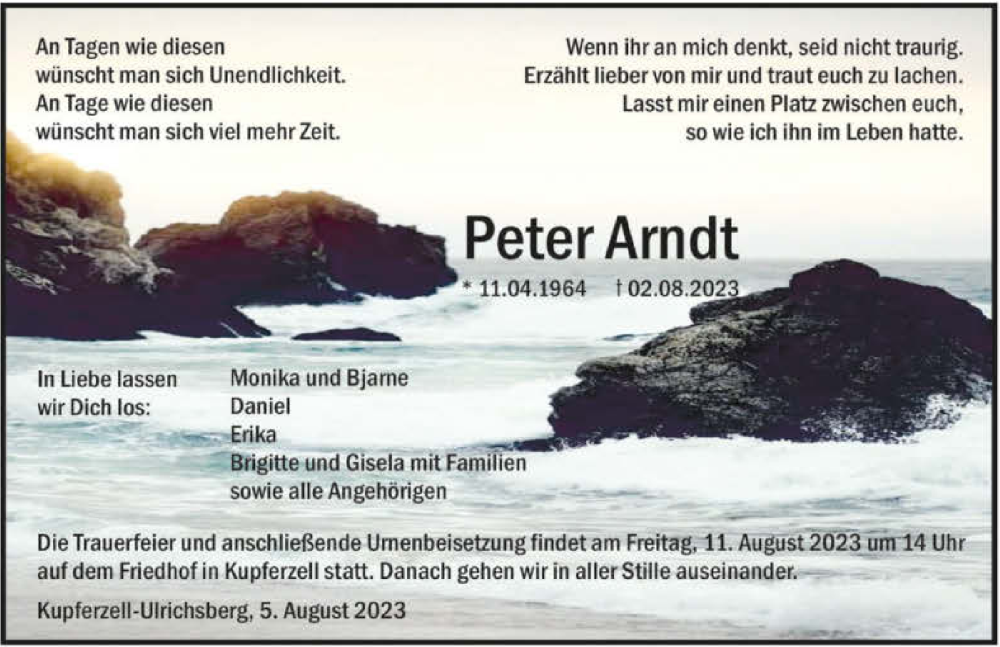  Traueranzeige für Peter Arndt vom 05.08.2023 aus GESAMT
