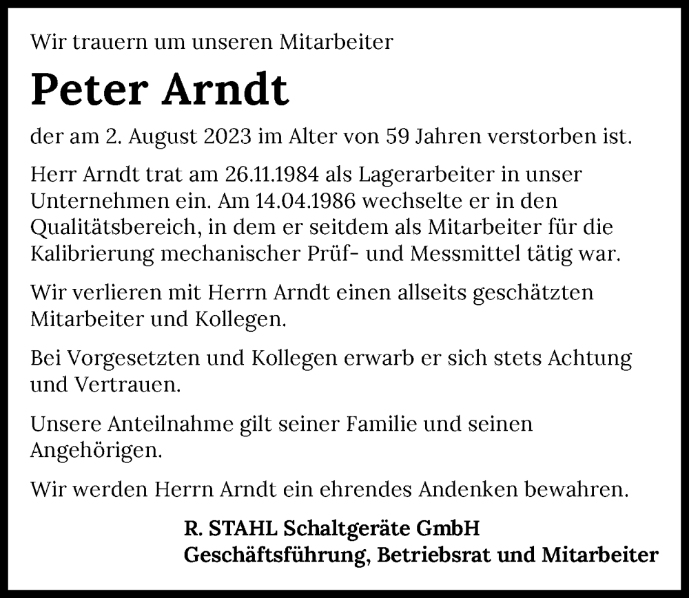  Traueranzeige für Peter Arndt vom 09.08.2023 aus GESAMT