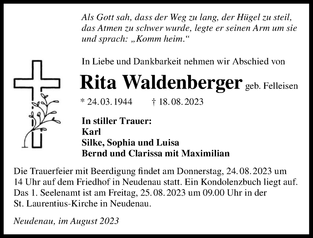  Traueranzeige für Rita Waldenberger vom 22.08.2023 aus GESAMT