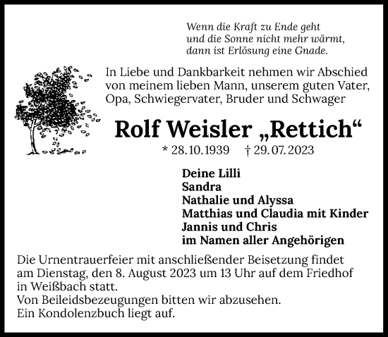 Traueranzeige von Rolf Weisler von GESAMT