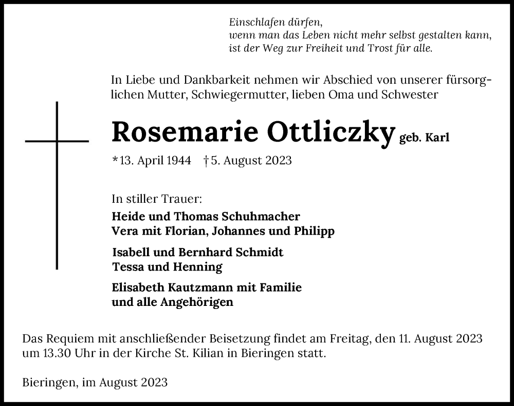  Traueranzeige für Rosemarie Ottliczky vom 08.08.2023 aus GESAMT
