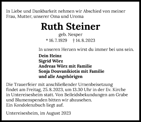 Traueranzeige von Ruth Steiner von GESAMT