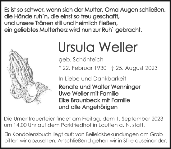 Traueranzeige von Ursula Weller von GESAMT
