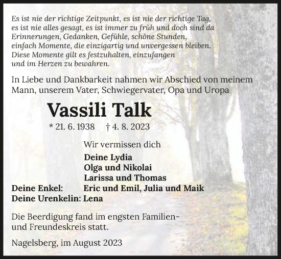 Traueranzeige von Vassili Talk von GESAMT