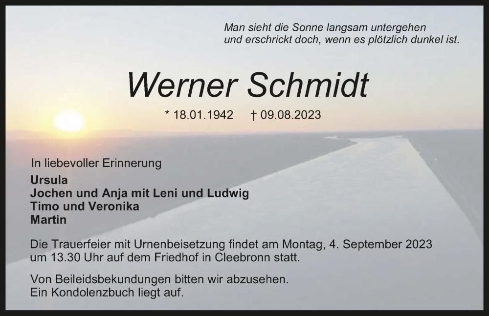  Traueranzeige für Werner Schmidt vom 26.08.2023 aus GESAMT
