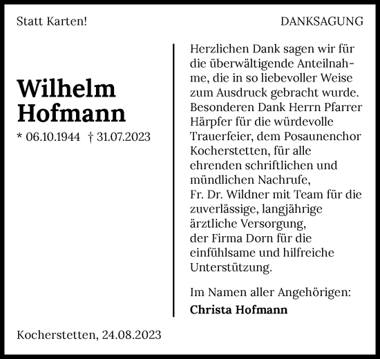Traueranzeige von Wilhelm Hofmann von GESAMT