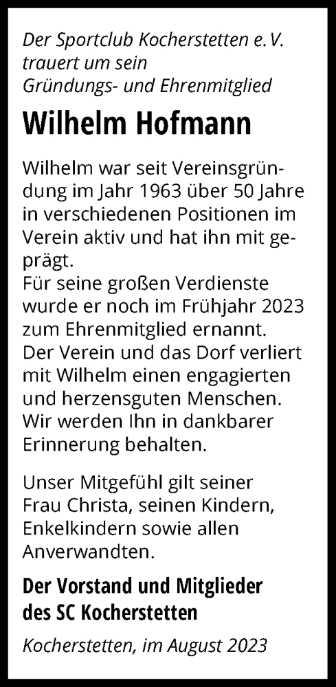  Traueranzeige für Wilhelm Hofmann vom 05.08.2023 aus GESAMT