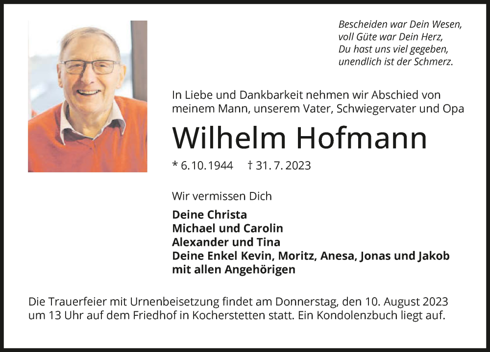  Traueranzeige für Wilhelm Hofmann vom 05.08.2023 aus GESAMT