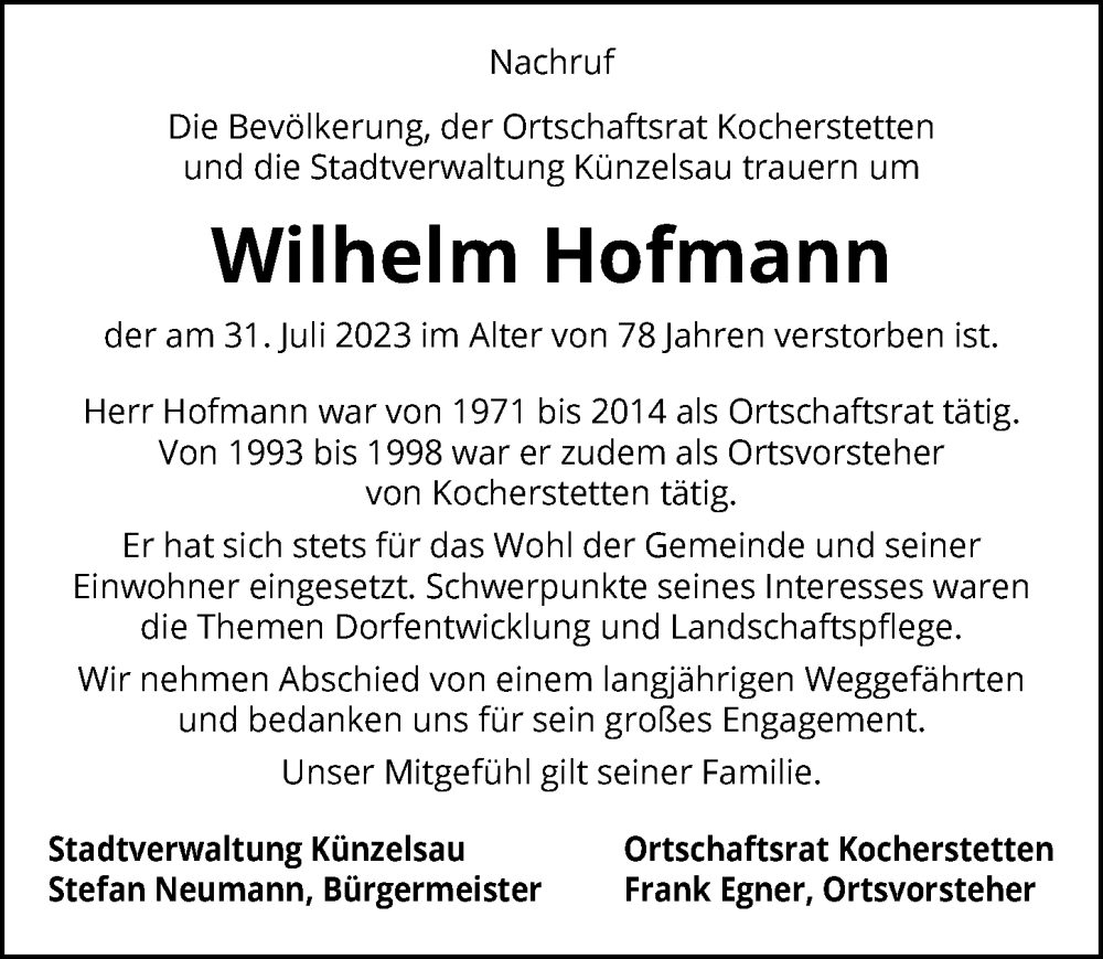  Traueranzeige für Wilhelm Hofmann vom 08.08.2023 aus GESAMT