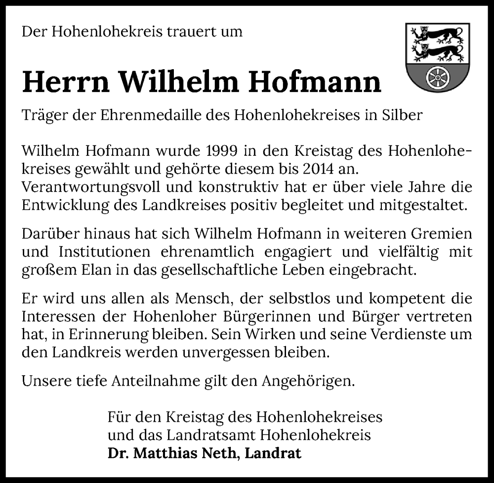  Traueranzeige für Wilhelm Hofmann vom 10.08.2023 aus GESAMT