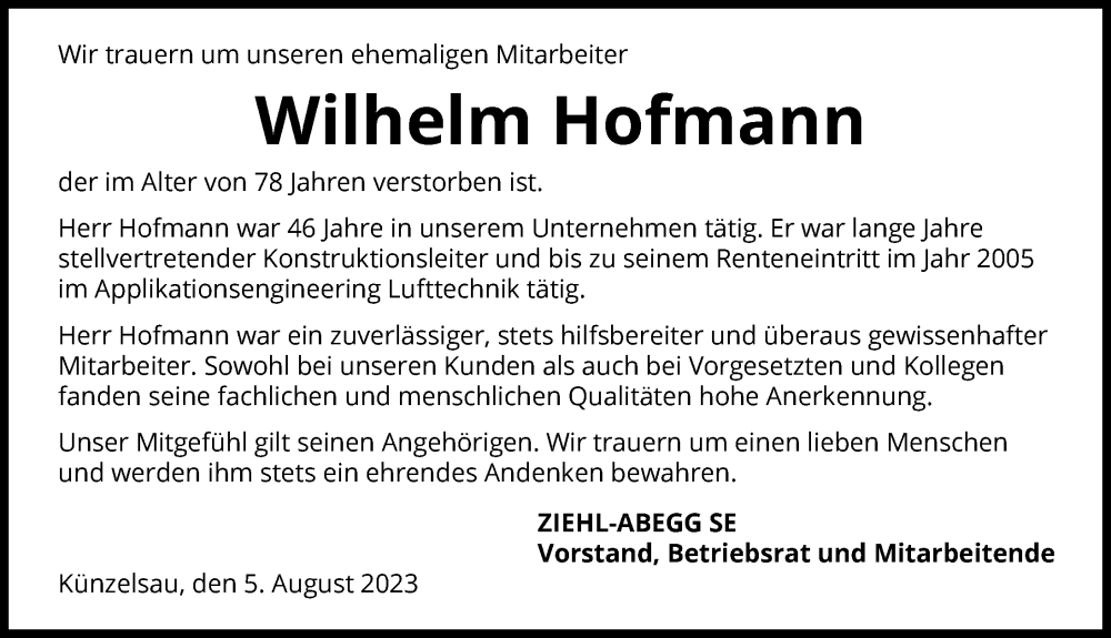  Traueranzeige für Wilhelm Hofmann vom 05.08.2023 aus GESAMT