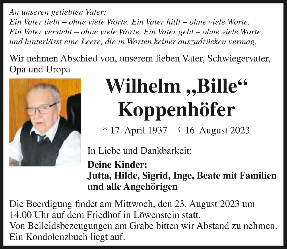  Traueranzeige für Wilhelm Koppenhöfer vom 19.08.2023 aus GESAMT