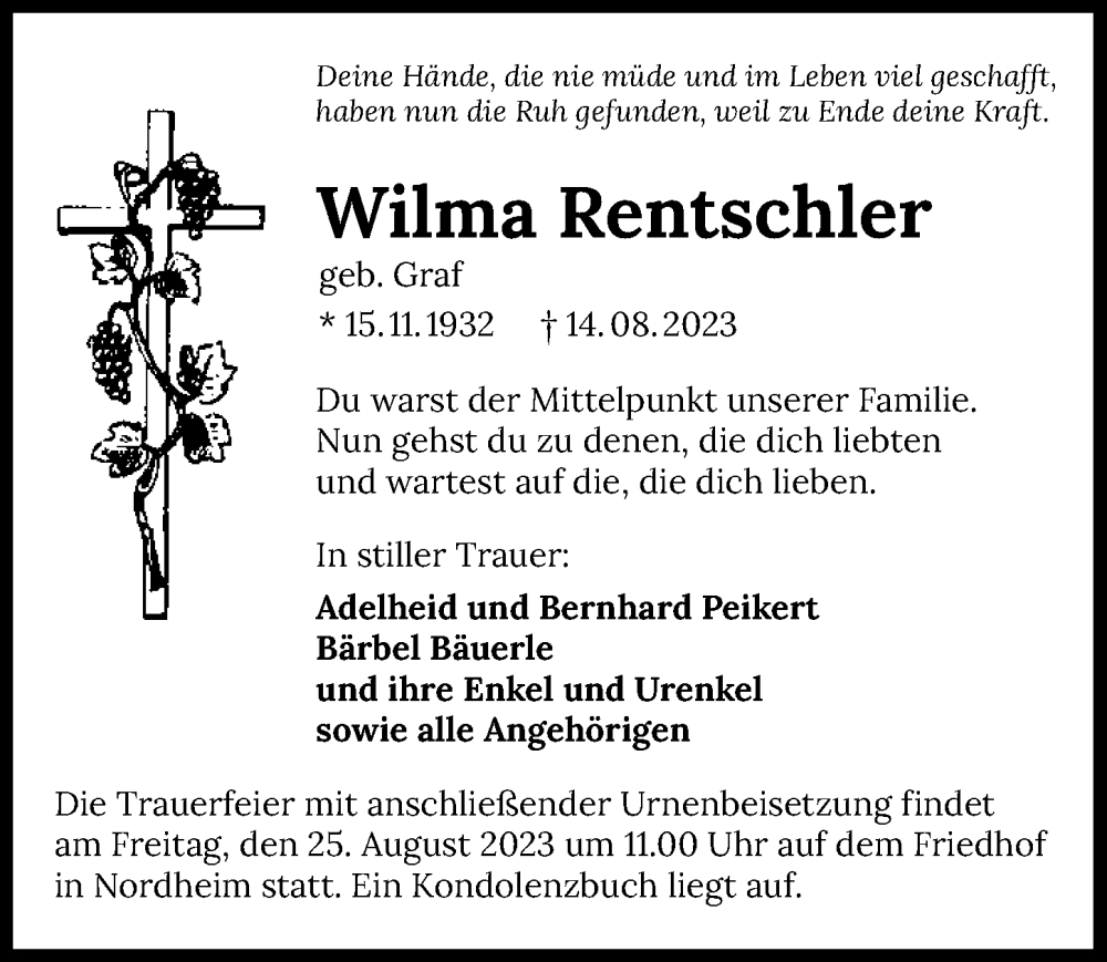  Traueranzeige für Wilma Rentschler vom 23.08.2023 aus GESAMT