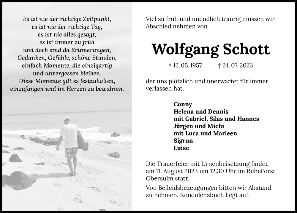  Traueranzeige für Wolfgang Schott vom 05.08.2023 aus GESAMT