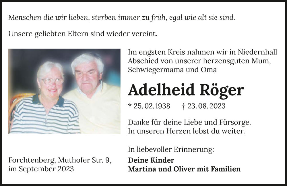  Traueranzeige für Adelheid Röger vom 02.09.2023 aus GESAMT