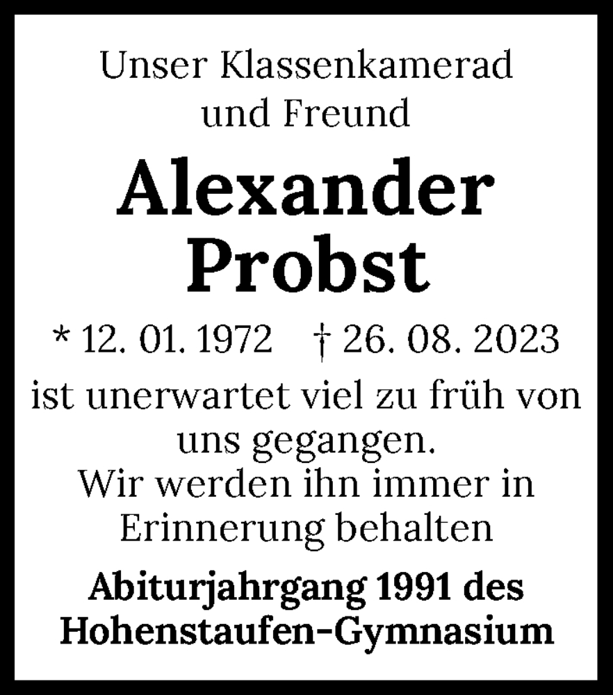  Traueranzeige für Alexander Probst vom 02.09.2023 aus GESAMT