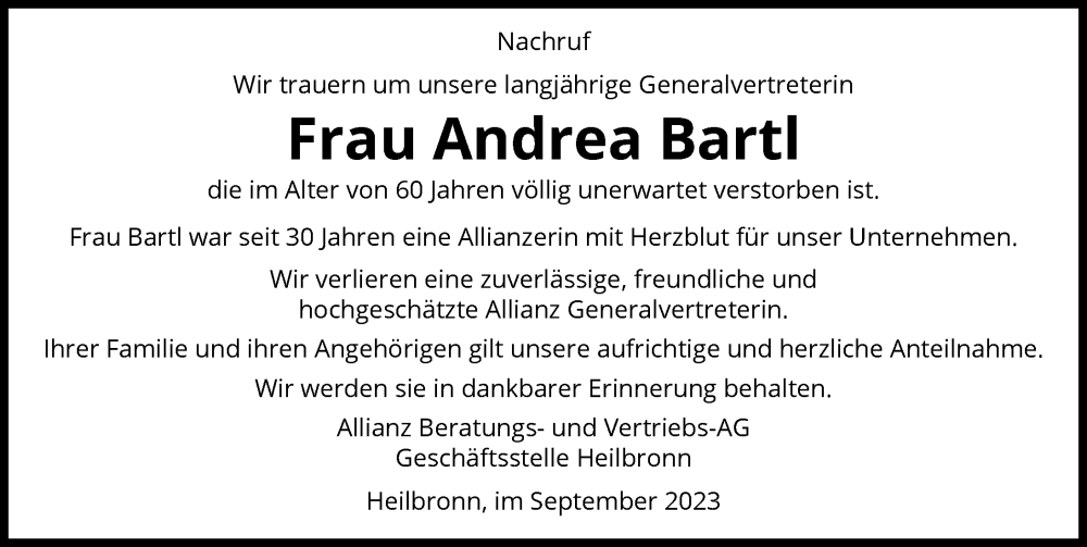  Traueranzeige für Andrea Bartl vom 07.09.2023 aus GESAMT