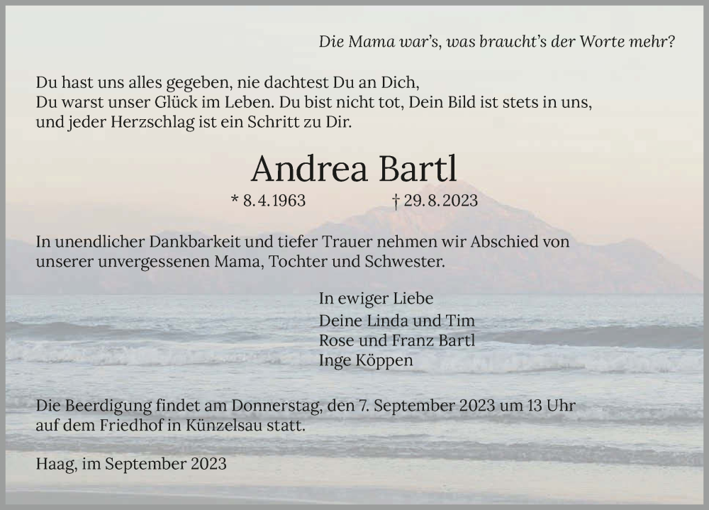  Traueranzeige für Andrea Bartl vom 04.09.2023 aus GESAMT
