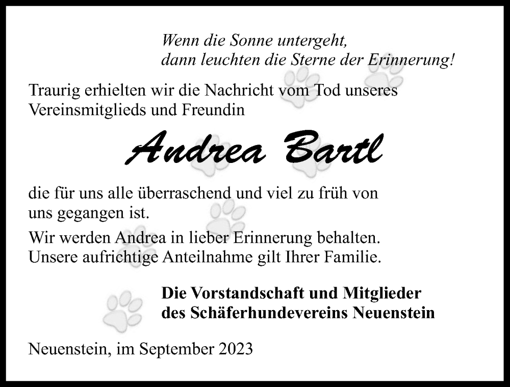  Traueranzeige für Andrea Bartl vom 06.09.2023 aus GESAMT