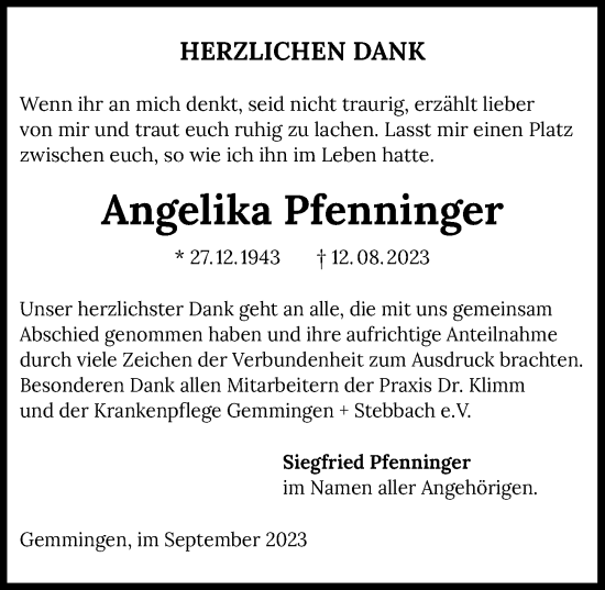 Traueranzeige von Angelika Pfenninger von GESAMT