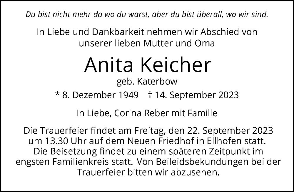  Traueranzeige für Anita Keicher vom 16.09.2023 aus GESAMT