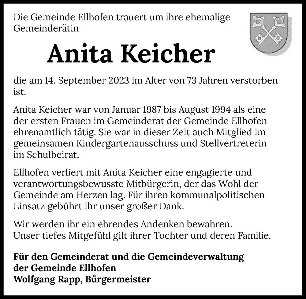  Traueranzeige für Anita Keicher vom 16.09.2023 aus GESAMT
