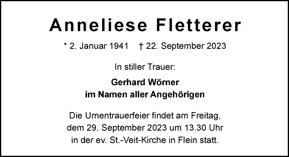  Traueranzeige für Anneliese Fletterer vom 23.09.2023 aus GESAMT