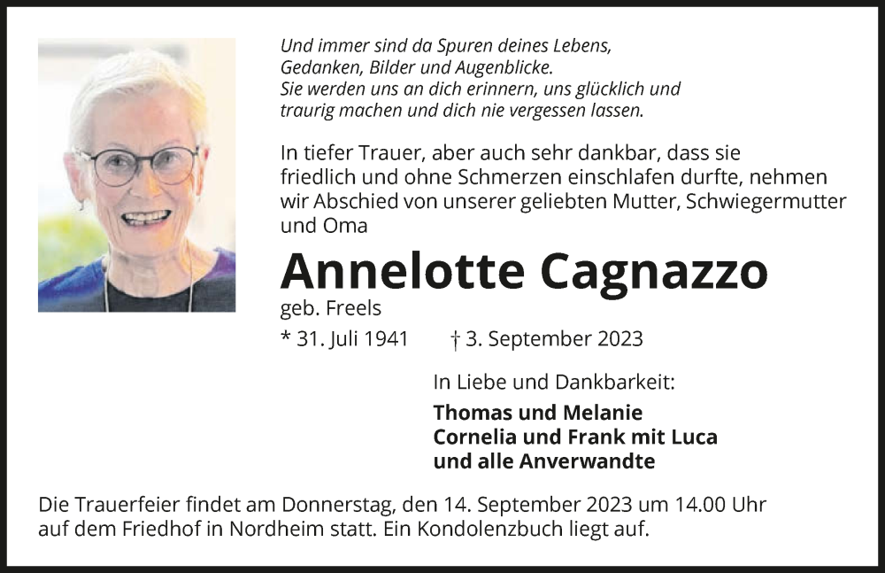  Traueranzeige für Annelotte Cagnazzo vom 09.09.2023 aus GESAMT