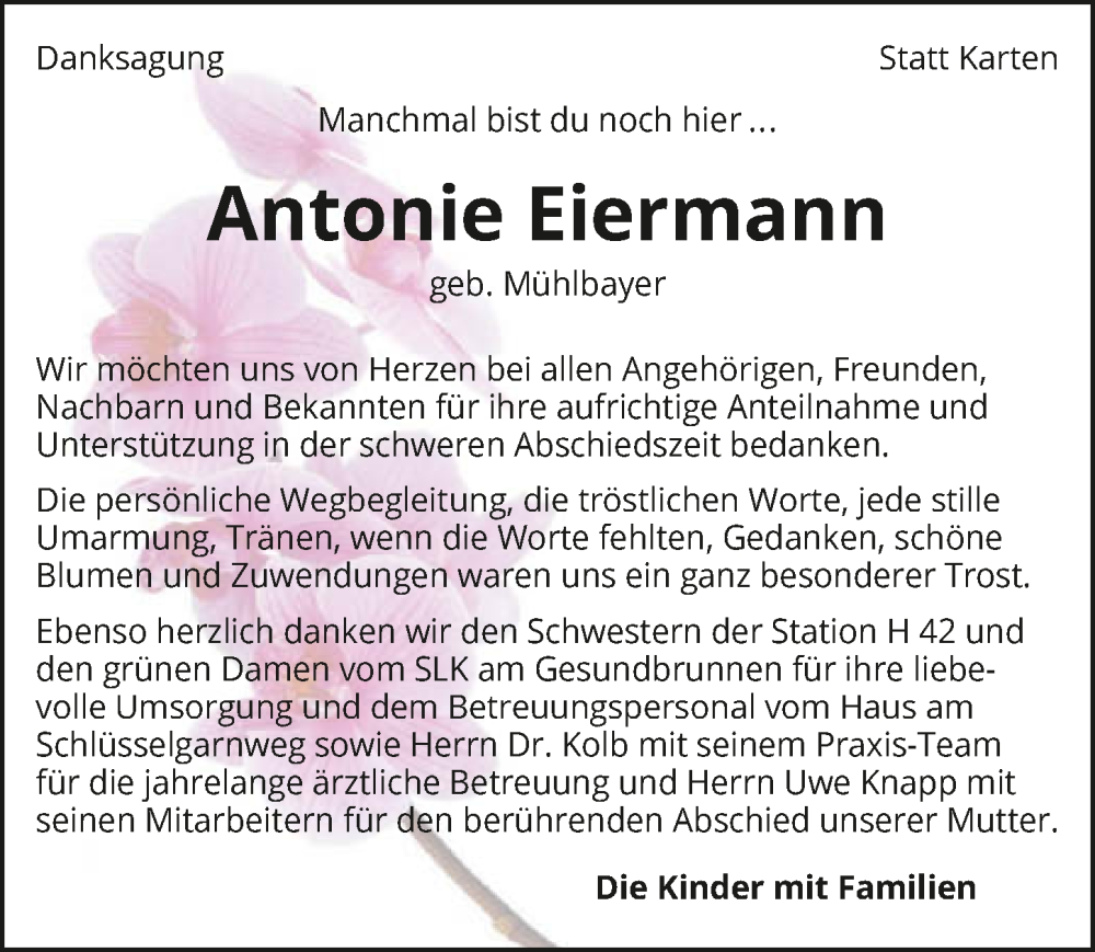  Traueranzeige für Antonie Eiermann vom 09.09.2023 aus GESAMT