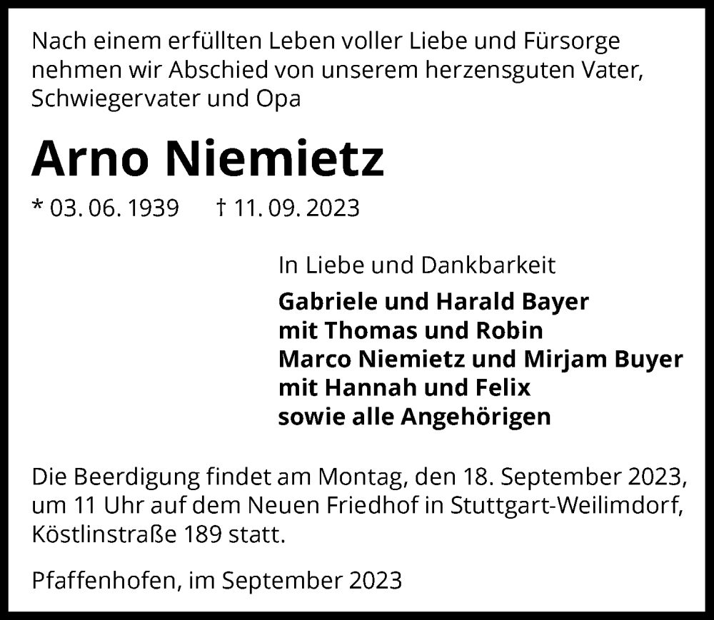  Traueranzeige für Arno Niemietz vom 16.09.2023 aus GESAMT