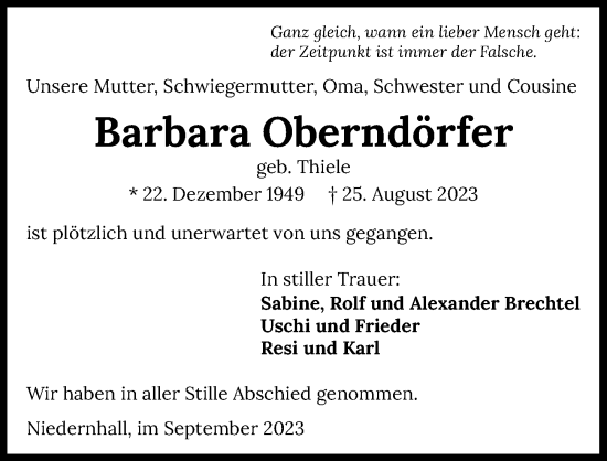Traueranzeige von Barbara Oberndörfer von GESAMT