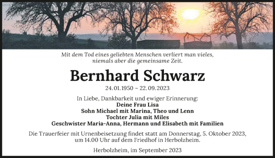 Traueranzeige von Bernhard Schwarz von GESAMT