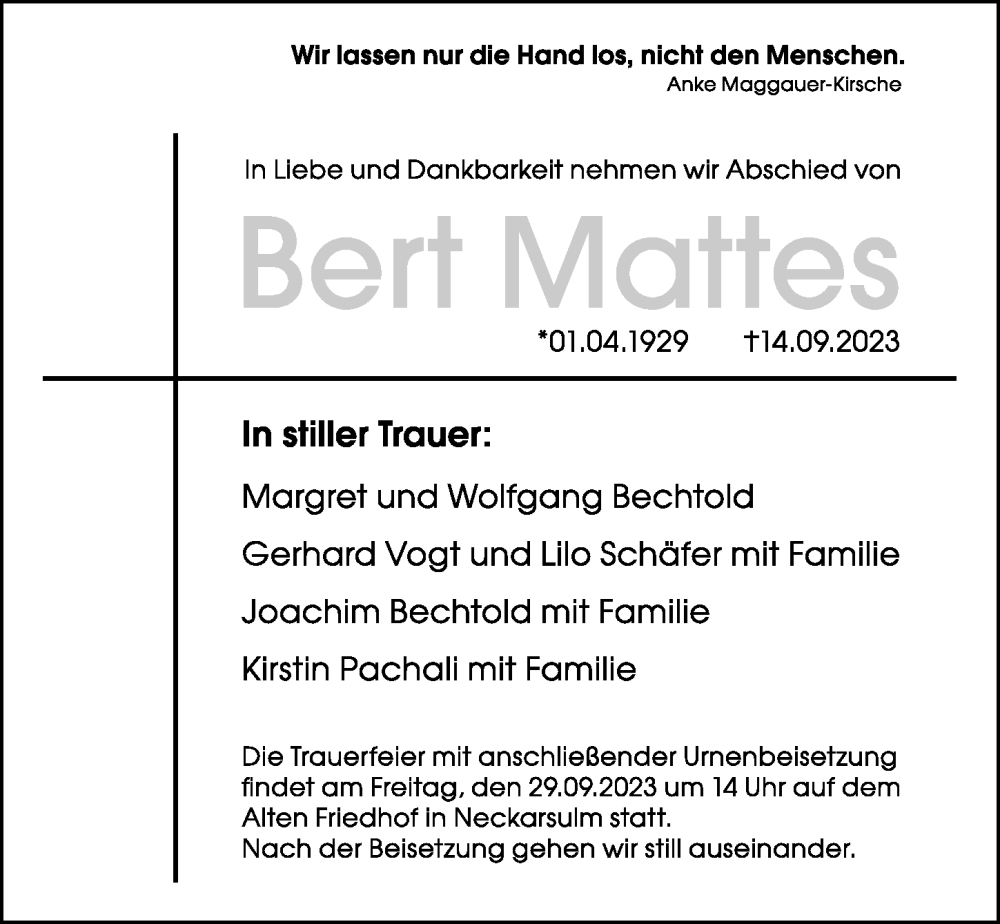  Traueranzeige für Bert Mattes vom 23.09.2023 aus GESAMT