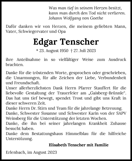 Traueranzeige von Edgar Tenscher von GESAMT