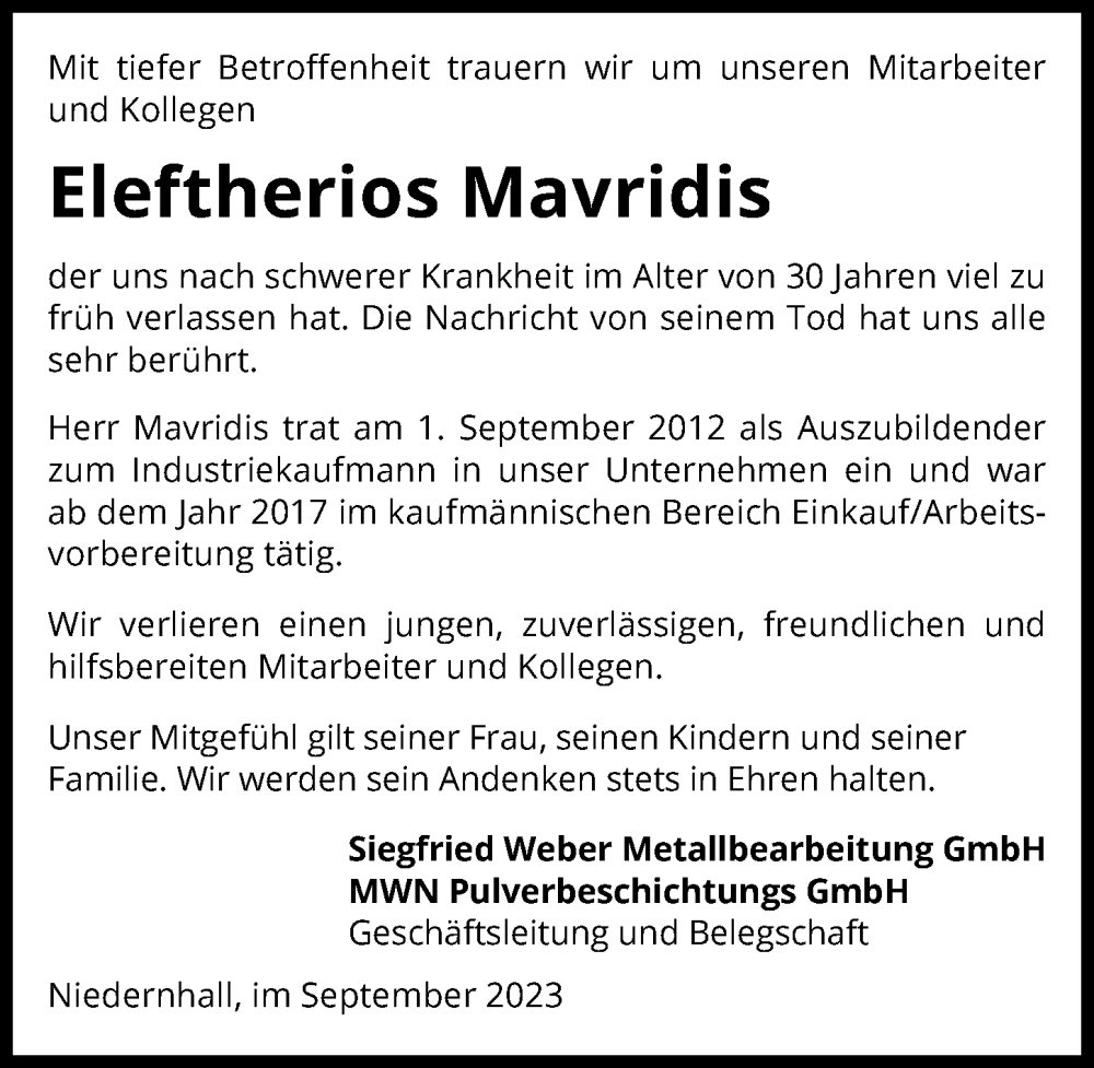 Traueranzeige für Eleftherios Mavridis vom 28.09.2023 aus GESAMT