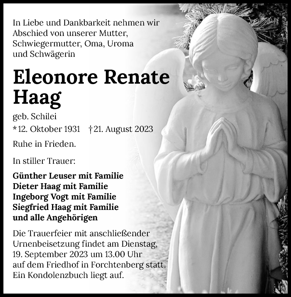  Traueranzeige für Eleonore Renate Haag vom 16.09.2023 aus GESAMT