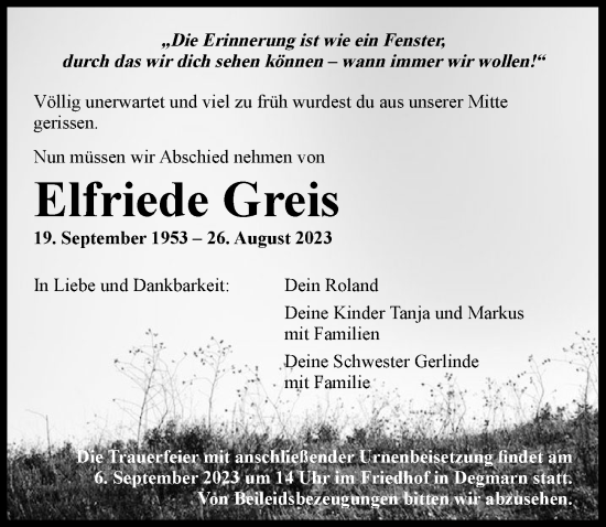 Traueranzeige von Elfriede Greis von GESAMT