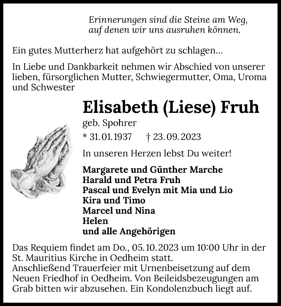  Traueranzeige für Elisabeth Fruh vom 30.09.2023 aus GESAMT