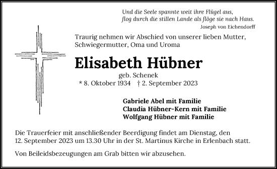 Traueranzeige von Elisabeth Hübner von GESAMT