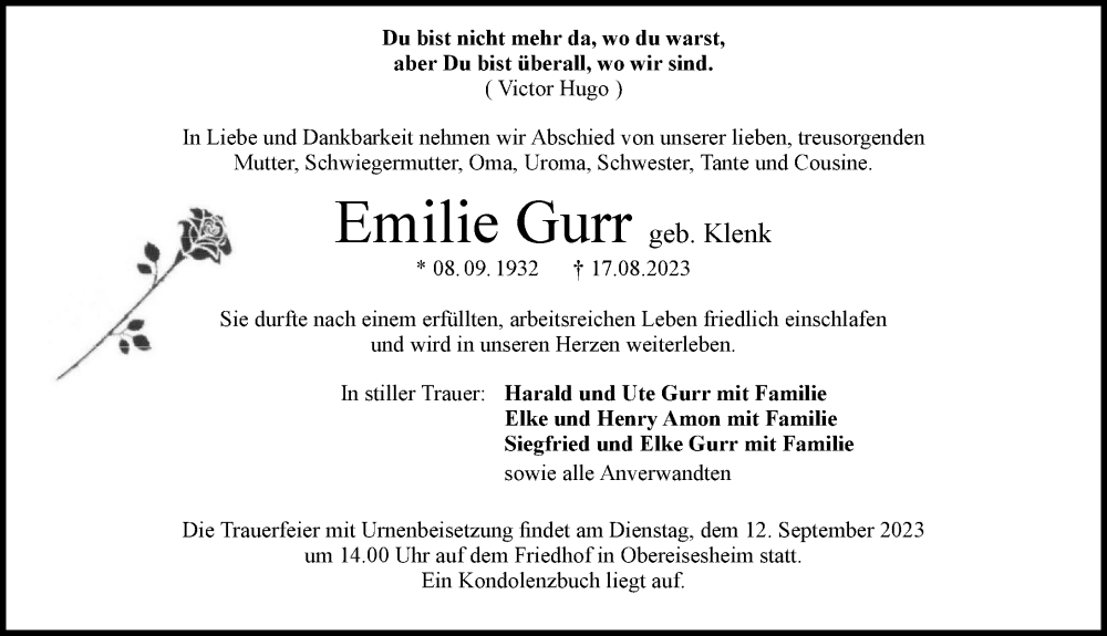  Traueranzeige für Emilie Gurr vom 09.09.2023 aus GESAMT