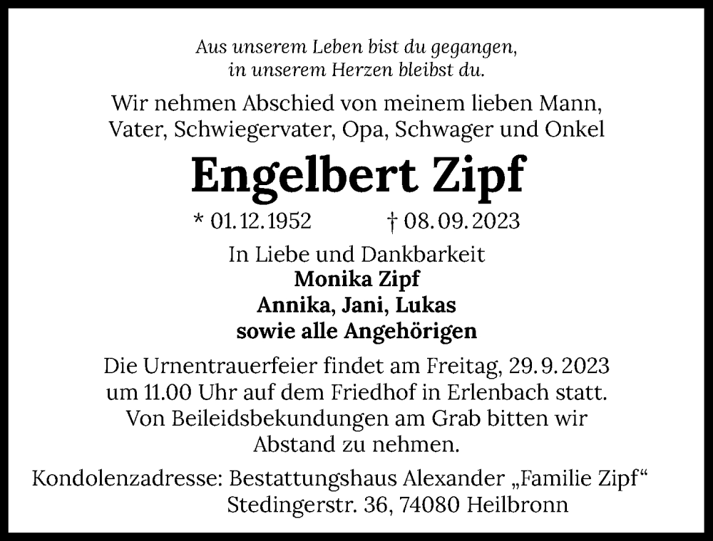  Traueranzeige für Engelbert Zipf vom 16.09.2023 aus GESAMT