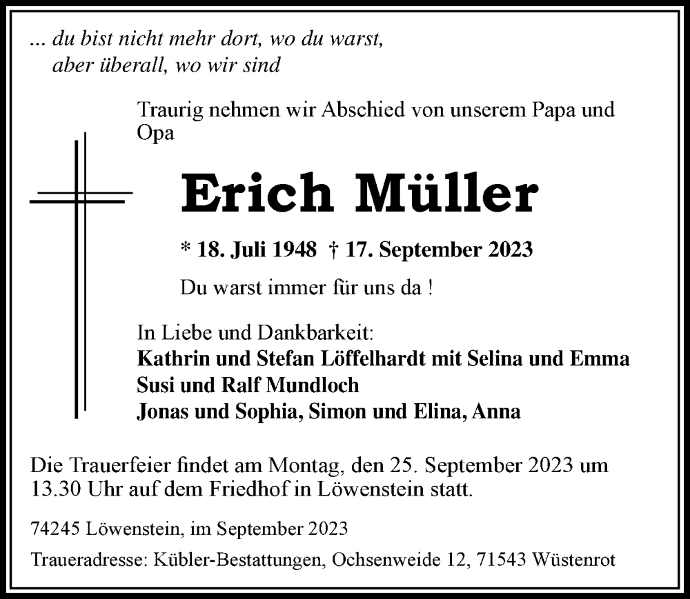  Traueranzeige für Erich Müller vom 23.09.2023 aus GESAMT