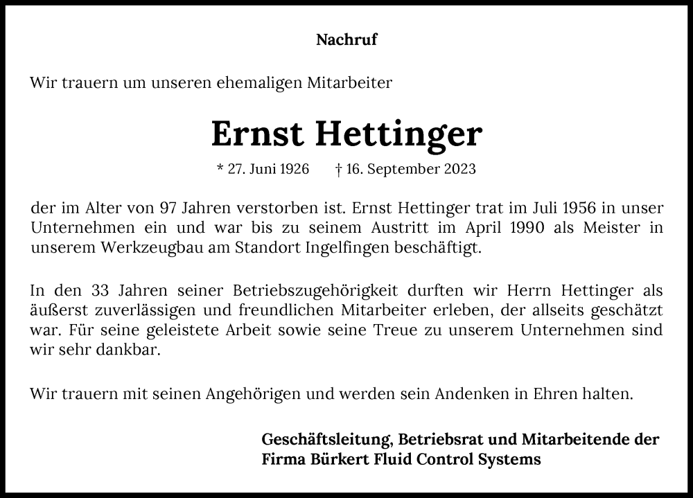  Traueranzeige für Ernst Hettinger vom 22.09.2023 aus GESAMT