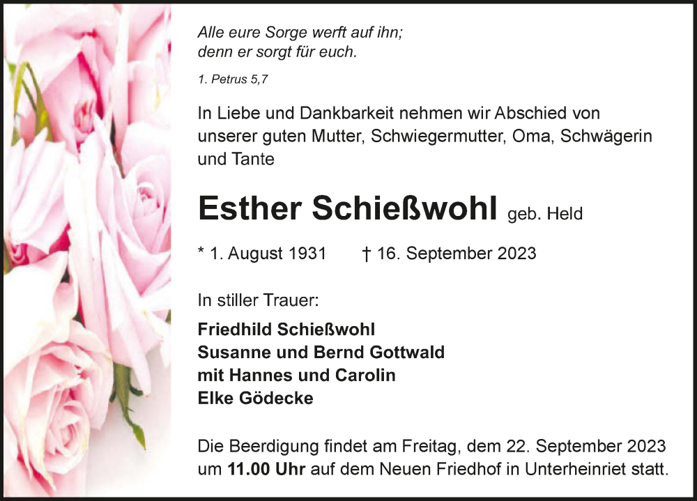  Traueranzeige für Esther Schießwohl vom 19.09.2023 aus GESAMT