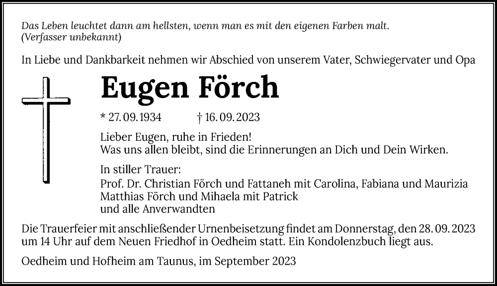  Traueranzeige für Eugen Förch vom 21.09.2023 aus GESAMT