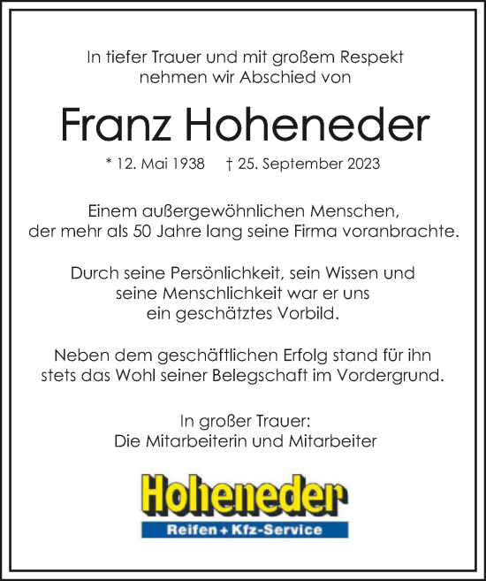 Traueranzeige von Franz Hoheneder von GESAMT