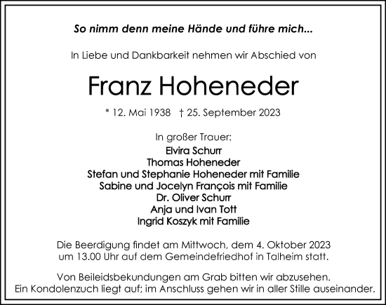 Traueranzeige von Franz Hoheneder von GESAMT