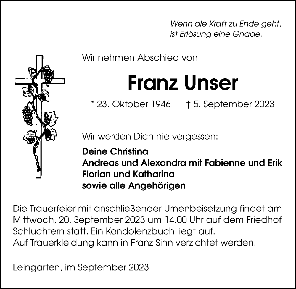  Traueranzeige für Franz Unser vom 16.09.2023 aus GESAMT