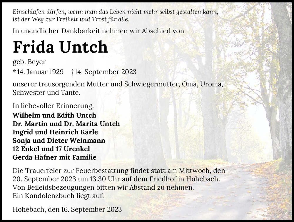  Traueranzeige für Frida Untch vom 16.09.2023 aus GESAMT